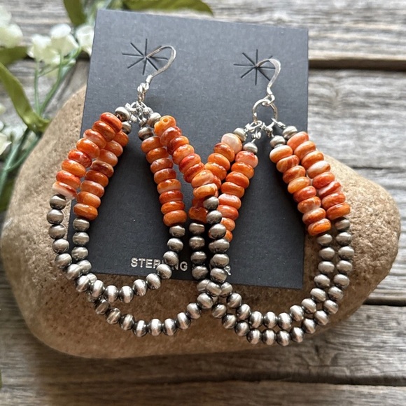 Sterling Silver Double Loop Orange Spiny Oyster Pearls Hoop Earrings.